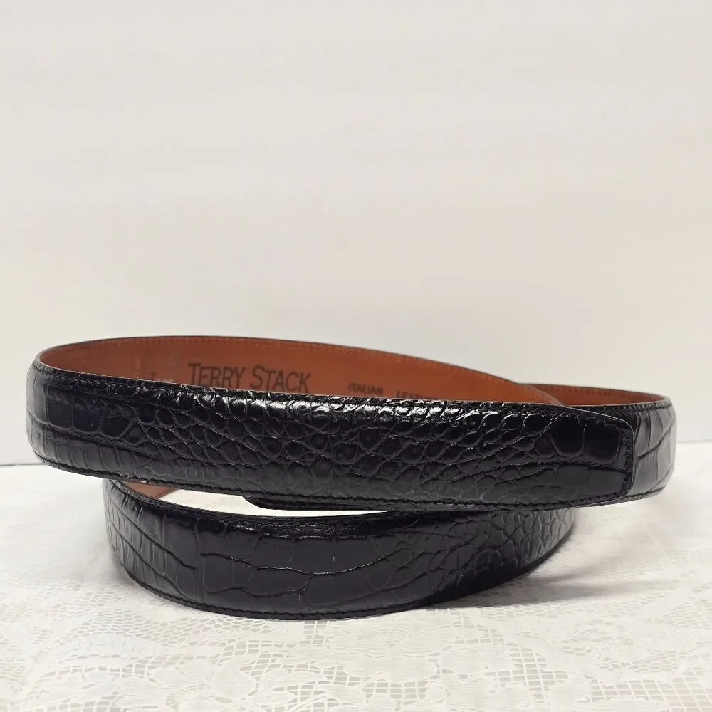 Vintage Terry Stack Black Hook and Loop Italian Leather Croco Embossed Belt